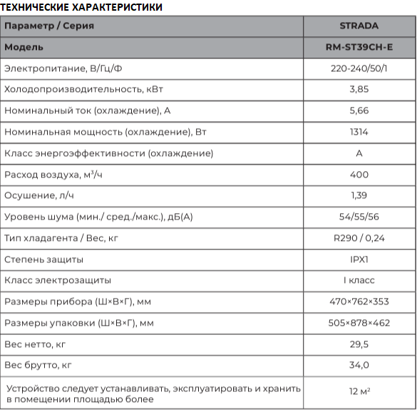 Royal Clima Strada RM-ST39CH-E тех. характеристика