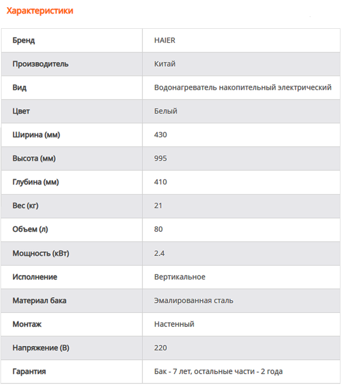Водонагреватель HAIER ES80V-VH1 характеристики