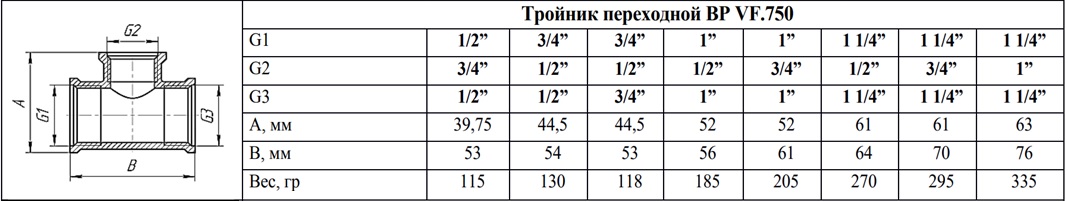 Тройник переходной внутренняя резьба Valfex. 750